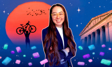 A collage of Claire Murashima featuring the moon, a biker, and Washington DC imagery.