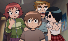 Scott Pilgrims friends look shocked in "Scott Pilgrim Takes Off."