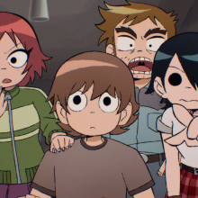 Scott Pilgrims friends look shocked in "Scott Pilgrim Takes Off."