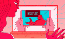 Illustration of a woman looking at a computer. The computer shows a hands holding a phone, showing a woman watching Neftlix.