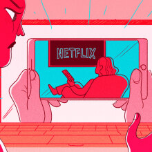 Illustration of a woman looking at a computer. The computer shows a hands holding a phone, showing a woman watching Neftlix.