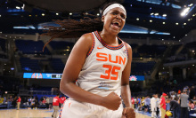 Jonquel Jones of the Connecticut Sun celebrates