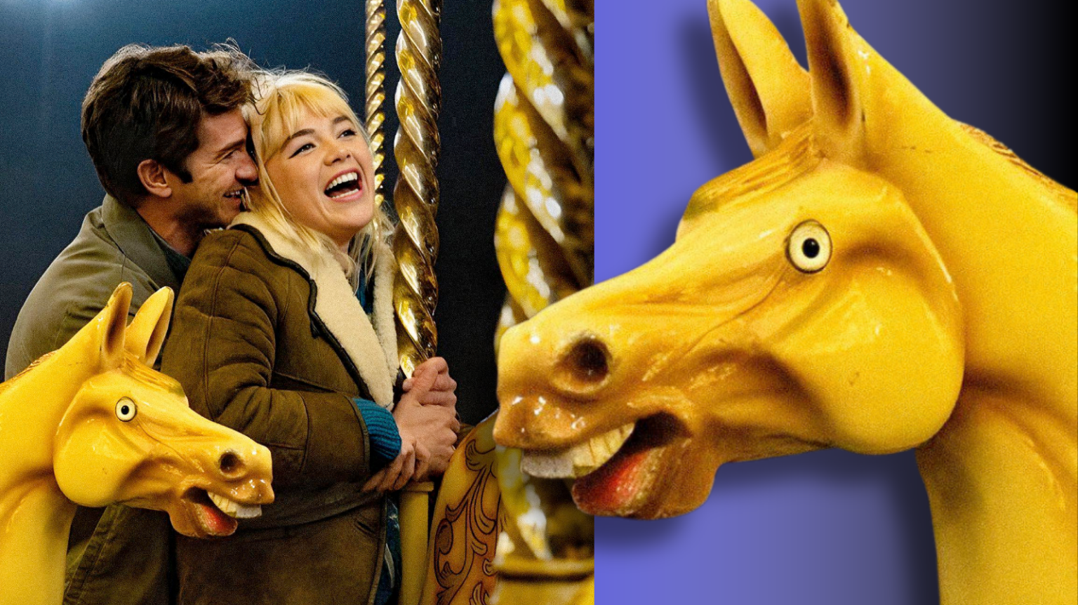 A promotional image of 'We Live in Time' featuring Florence Pugh, Andrew Garfield, and a disturbing carousel horse's head. The carousel horse has been copied and placed next to the original image, slightly overlapping it.