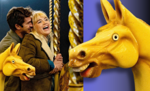 A promotional image of 'We Live in Time' featuring Florence Pugh, Andrew Garfield, and a disturbing carousel horse's head. The carousel horse has been copied and placed next to the original image, slightly overlapping it.