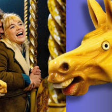 A promotional image of 'We Live in Time' featuring Florence Pugh, Andrew Garfield, and a disturbing carousel horse's head. The carousel horse has been copied and placed next to the original image, slightly overlapping it.