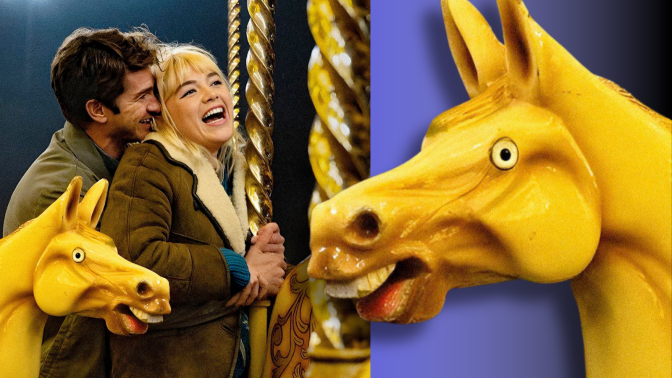 A promotional image of 'We Live in Time' featuring Florence Pugh, Andrew Garfield, and a disturbing carousel horse's head. The carousel horse has been copied and placed next to the original image, slightly overlapping it.