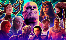 An artful composite featuring Marvel villains from across the cinematic universe, animated with bright colors.