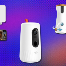 Pet cameras on blue, orange, and purple abstract background