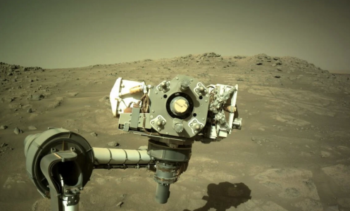 The Perseverance rover peering onto the Martian landscape.