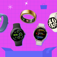 pink and blue Prime Day illustration with fitness trackers and smartwatches from Apple, Samsung, Garmin, Google, and Oura