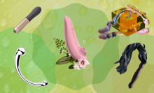 five sex toys on a green background