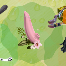 five sex toys on a green background