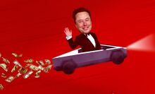 Elon Musk driving a Cybertruck with money spewing out the back