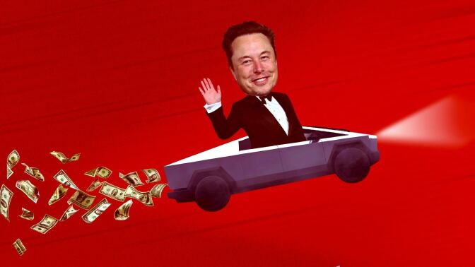 Elon Musk driving a Cybertruck with money spewing out the back