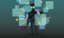 A male figure stands and waves surrounded by text bubbles. 