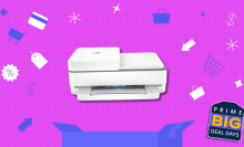 White HP printer on pink grid backdrop with various shopping-related icons throughout