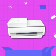 White HP printer on pink grid backdrop with various shopping-related icons throughout