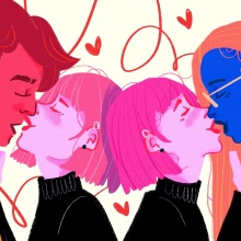 two couples, one straight and one sapphic, making out