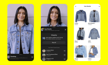 A triptych of screenshots showing Snapchat's Scan feature in use on a photo of a woman wearing a denim jacket.