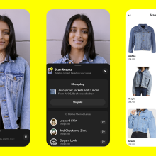 A triptych of screenshots showing Snapchat's Scan feature in use on a photo of a woman wearing a denim jacket.