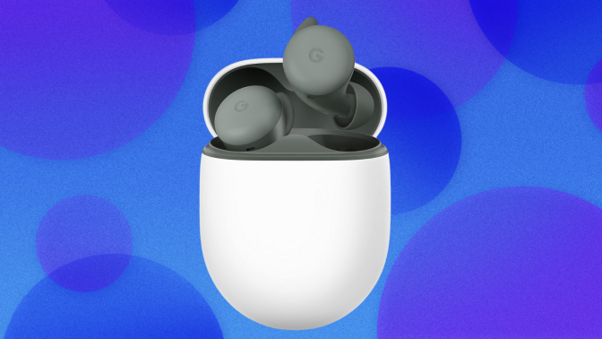 Google Pixel Buds A-Series on blue and purple abstract background