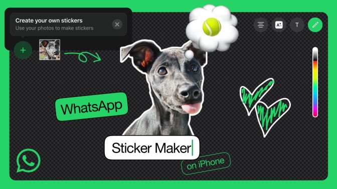 A graphic of WhatsApp's Sticker Maker feature, with a picture of a dog and a speech bubble with a tennis ball.