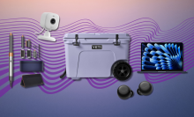 Dyson Airwrap with accessories, Blink Mini 2, Yeti cooler, MacBook Air, and Echo Buds with colorful gradient background