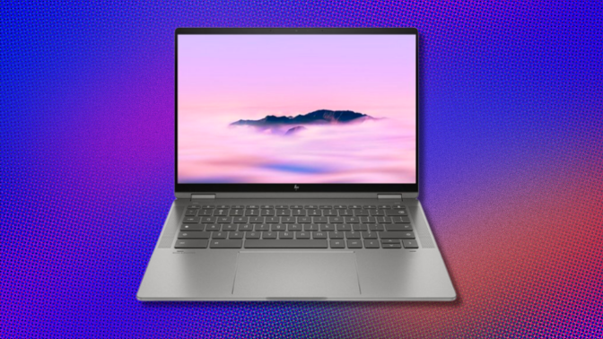 an hp chromebook plus in front of a purple, blue, and orange abstract background