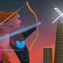 A woman wearing a Twitter logo in the style of the mockingjay from Hunger Games fires an arrow at a giant X atop a skyscraper.