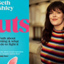 A photo composite showing the front cover of Sluts by Beth Ashley, which features the word 'Sluts' in fuschia pink on a turquoise background. On the right: a headshot of Beth Ashley, wearing a stripy multi-coloured sweater. 