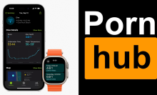 left: iphone and apple watch; right: pornhub logo