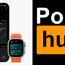 left: iphone and apple watch; right: pornhub logo