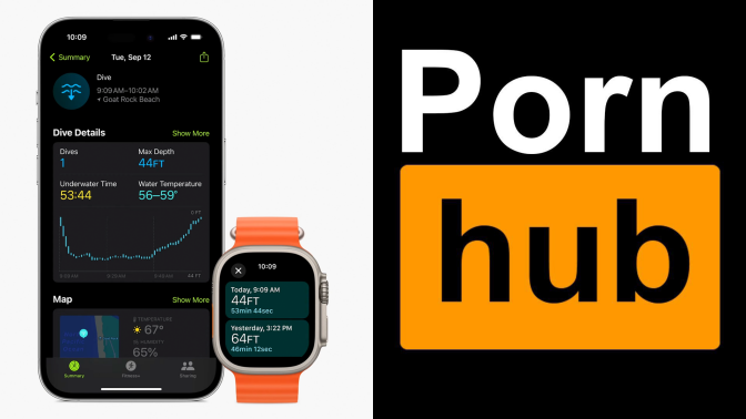 left: iphone and apple watch; right: pornhub logo