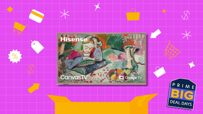 Hisense Canvas TV on pink Prime Day background