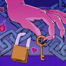 hand with black nail polish holding key in front of locks and fire and heart and eggplant emojis