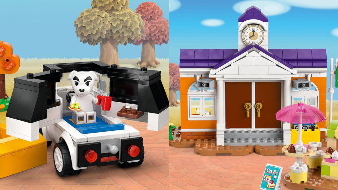 On the left, a close-up of a Lego K.K. Slider in a Lego camper. On the right, the Animal Crossing town hall built in Legos.