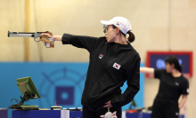 Kim Yeji of Team Republic of Korea shoots during the Women's 10m Air Pistol Final on day two of the Olympic Games Paris 2024 at Chateauroux Shooting Centre on July 28, 2024 in Chateauroux, France.