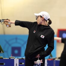 Kim Yeji of Team Republic of Korea shoots during the Women's 10m Air Pistol Final on day two of the Olympic Games Paris 2024 at Chateauroux Shooting Centre on July 28, 2024 in Chateauroux, France.