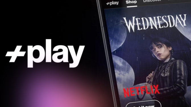 Verizon +play logo and smartphone with Netflix screensaver on black background