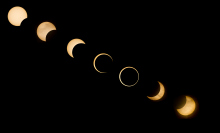 USA, California, Redding, Digital composite view of annular solar eclipse on May 20, 2012. Seven separate exposures were made twenty minutes apart and combined into one image.