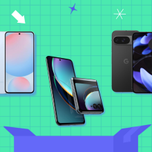 prime day illustration in teal and blue with unlocked phones from Google, Samsung, and Motorola