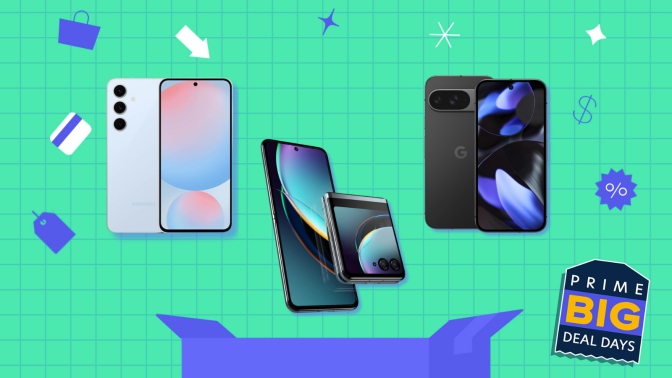 prime day illustration in teal and blue with unlocked phones from Google, Samsung, and Motorola