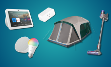 Echo Show, Echo Pop with Sengled bulb, Amazon smart plug, Coleman tent, and Dyson vacuum with turquoise gradient background