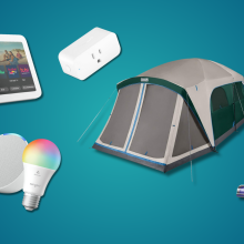 Echo Show, Echo Pop with Sengled bulb, Amazon smart plug, Coleman tent, and Dyson vacuum with turquoise gradient background