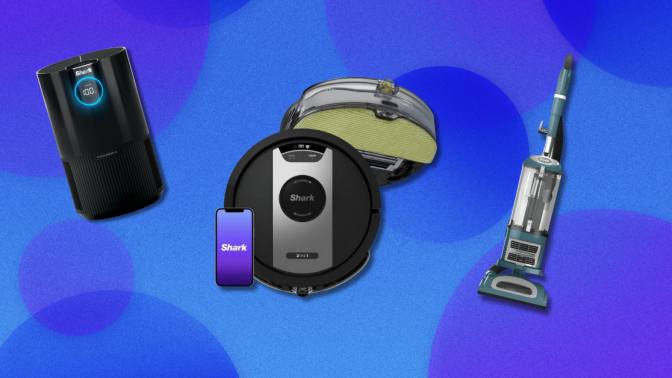 air purifier, robot vacuum, and upright vacuum against a blue background