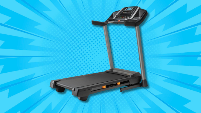 A NordicTrack T Series treadmill on a blue background with graphic lines radiating outwards.