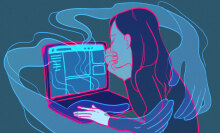 An illustration of a crying woman at a computer. Ghostly arms emerge from the screen to hug her.