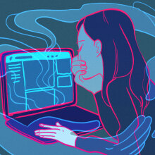 An illustration of a crying woman at a computer. Ghostly arms emerge from the screen to hug her.