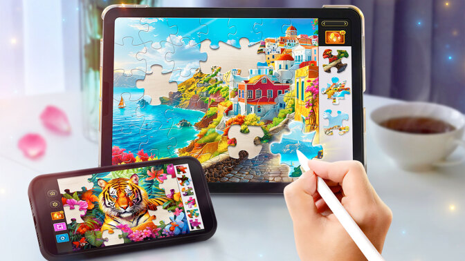 Person playing puzzle game on tablet