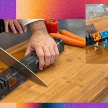 collage showing two images of angle pro knife sharpener